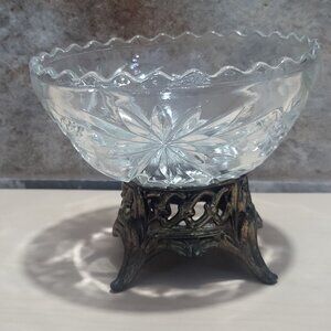 Vintage Clear Glass Compote Dish Metal Base Stand